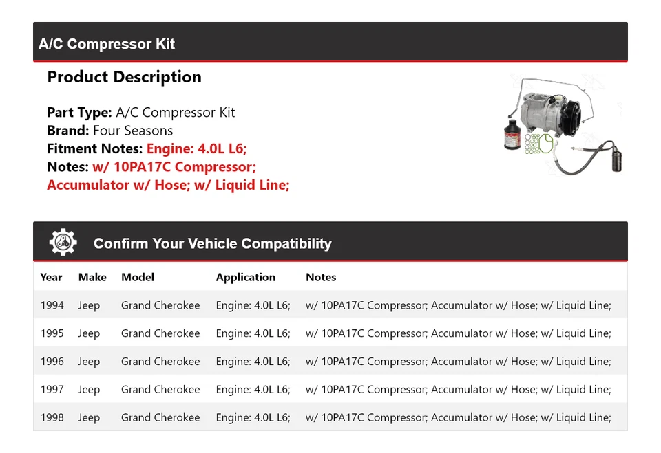 Kit de compresor de aire acondicionado 4 estaciones 1995 1996 para Jeep Grand Cherokee 1994-1998 L L6 Foto 2 de 4