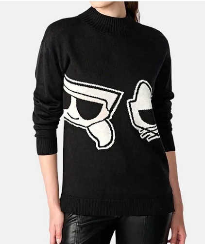 Karl Lagerfeld Paris Women Black Old Men & Cat Cute Logo Sweater, Sz XSmall XS - Picture 3 of 9