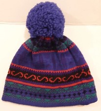Vintage 100 Pure Wool Ski Pom Pom blue Knit Cap Beanie hat Nordic s7