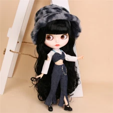 12"Blythe doll Nude Joint Body Long black hair matte face custom doll dudu mouth