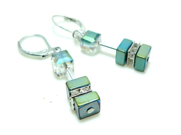 OhrhäNger WüRfel Cube HäMatit Blau/GrüN GläNzend Kristallglas Strass Klar 536B-image