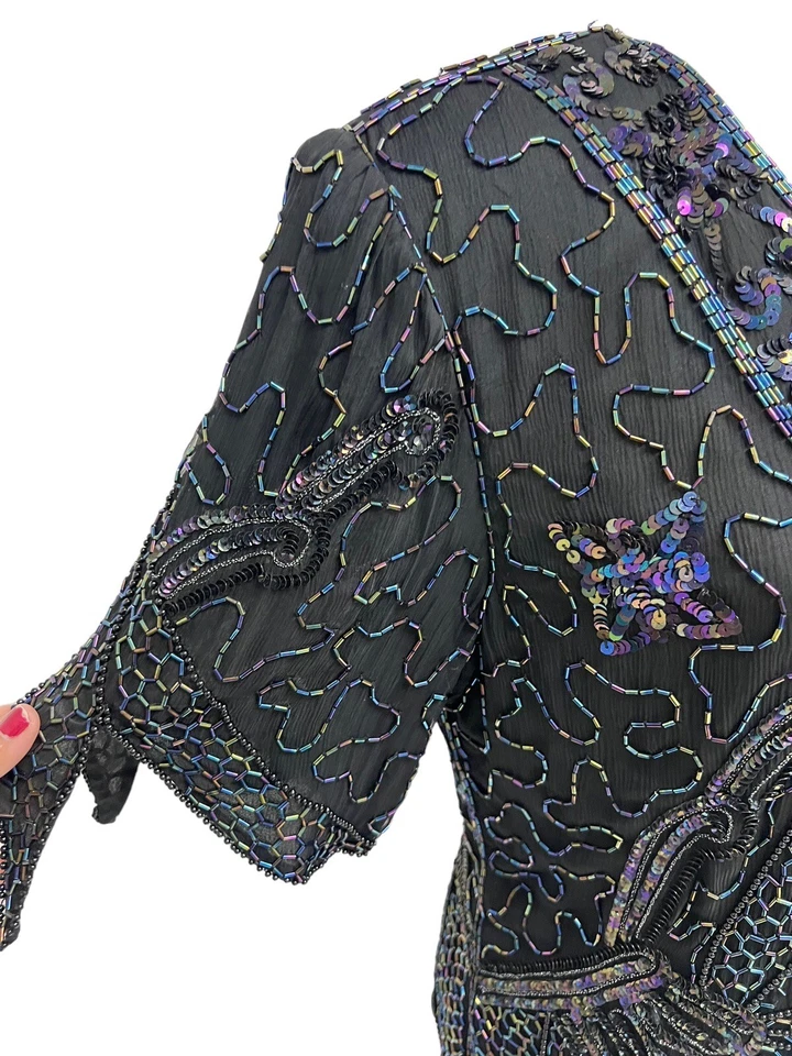 Vintage Mark & John By Gopal Mujer Noche Cuentas Negro Top Manga Corta Talla L Foto 3 de 4