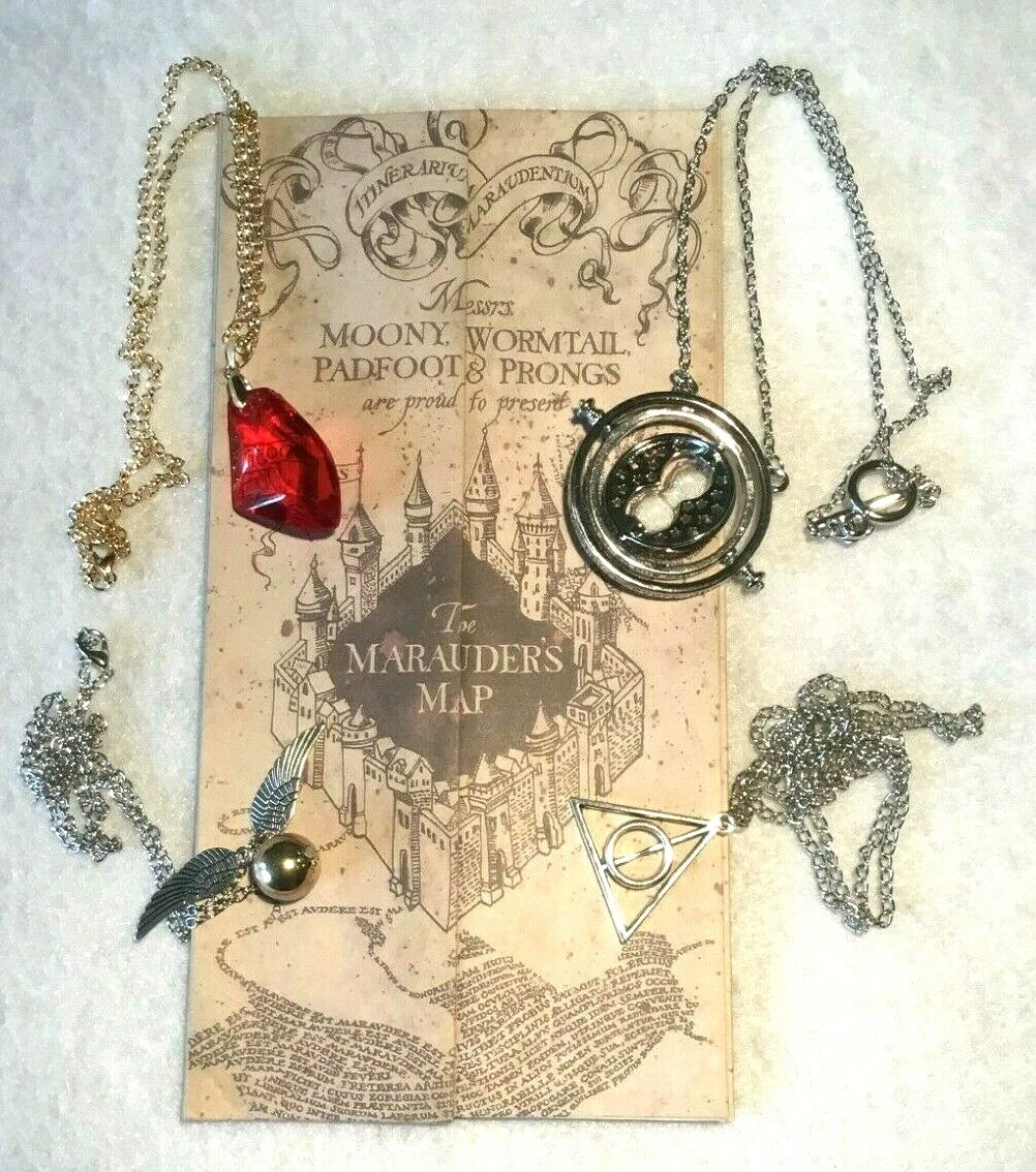 HARRY POTTER FILM PROPS, MAP, PENDANTS, TIME SPINNER. SNITCH, HALLOWS PHIL  STONE