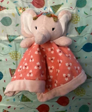 Levtex Elephant Baby Security  Blanket Lovey Pink Floral Flowers Square Soft 