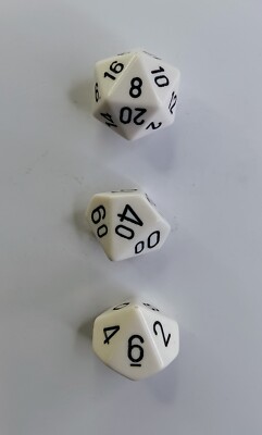 Set of 3 RPG DnD Dice Opaque White/Black d10 d% d20 Unknown Manufacturer
