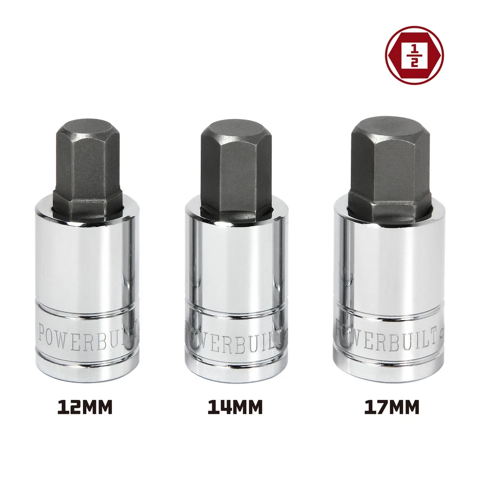 Powerbuilt 3 Piece 1/2 Inch Drive Metric Hex Bit Socket Set - 641862 - Image 2 of 4