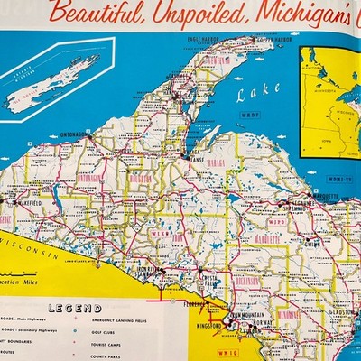 Beautiful Unspoiled Michigan's Upper Peninsula 1958 MI Fold Out Map TV37-2