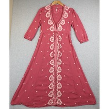 Free People Embroidered Maxi Dress Rose Pink Long Sleeve Tie Waist XS