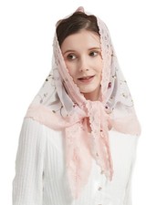 Triangle Mantilla Veil with Lace Rose Embroidery in Navy and Pink - Chapel ...