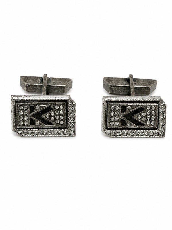Vintage Sterling Silver Marcasite Onyx Initial K Cufflinks Art Deco