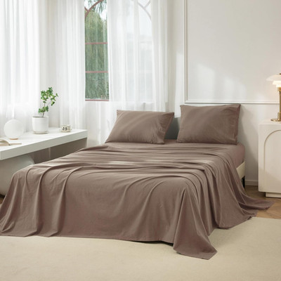 Luxury Washed Cotton King Sheet Set, 4 Pieces, Light Brown, Soft & Breathable