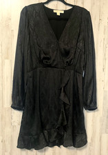 Michael Kors size L Ruffle Wrap short Dress Flare Long sleeve Satin