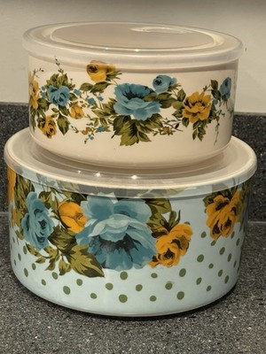 2 Pioneer Woman Stoneware Food Storage Containers w/ Steam Relief Lids Blue Rose