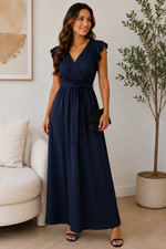 Missfiga Womens Fit & Flare Navy Long Dress BNWT Open Back tie belt size 10 BNWT