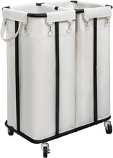 Rolling Laundry Hamper 170L Double Compartment Wheels Beige 2 Compartments