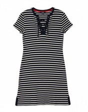 CHAPS Womens Petite A-Line Dress UK 14 Large Navy Blue Striped Cotton CC07
