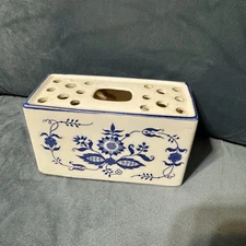 Delft Style Blue Onion Flower Brick Blue & Floral Frog Ceramic Vase