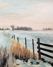Original Oil Painting Landscape Winter Snow Rural Country Sunset Art 8x10 Signed
