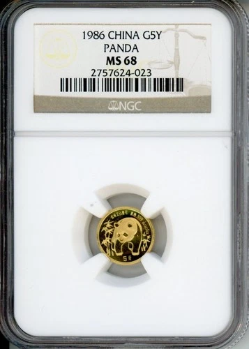 1986 CHINESE 5 Yuan GOLD PANDA 1/20 Oz. NGC MS68 MS-68 5Y CHINA 5-Yn G5Y CHINA !
