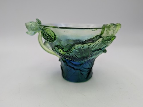 Tittot Art Glass Sculpture Bowl Or TeaCup Koi Pond Lotus Flowers Rainbow *As Is*