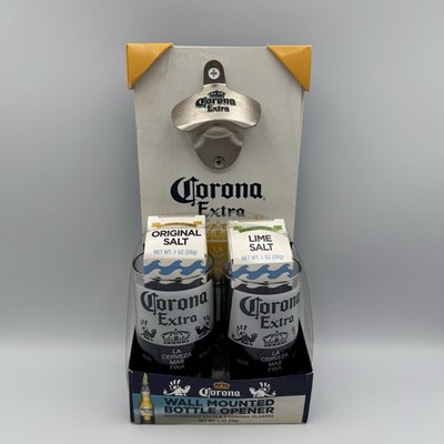 Corona Wall Mounted Bottle Opener Gift Set 2 Corona Glasses & Lime Orig Salt NEW