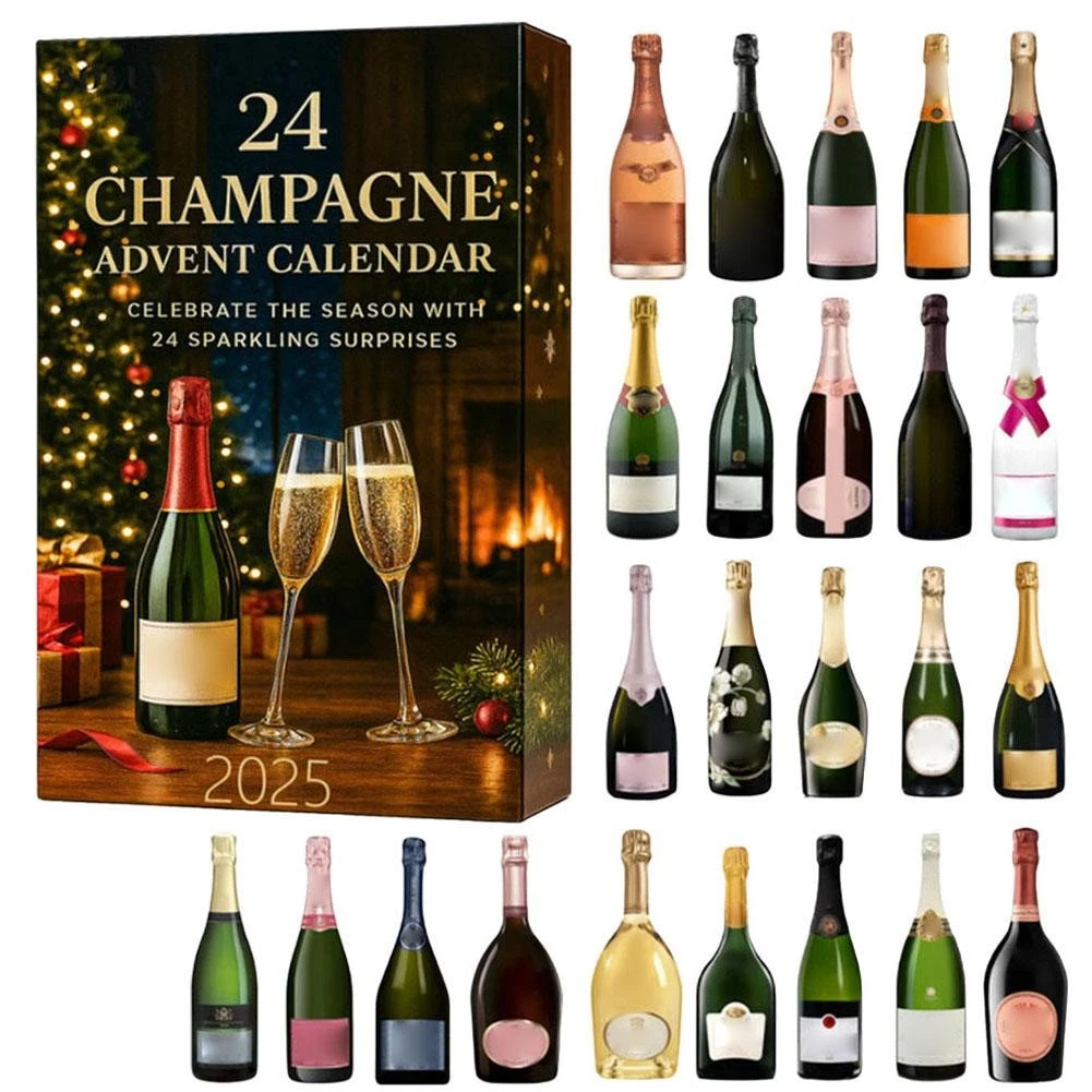 24 Champagne Advent Calendar 2025 with 2D Flat Ornaments for Christmas Tree Decor