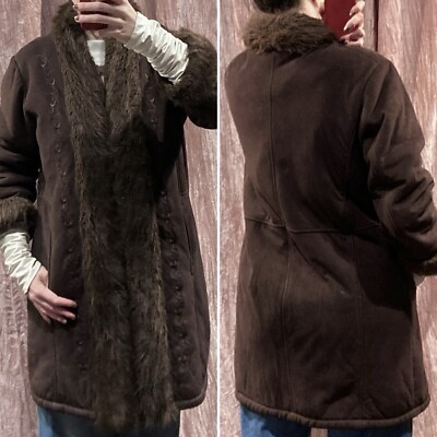 Vtg 90s Y2K Penny Lane Faux Fur Suede Shearling Embroidered Coat Pockets M L