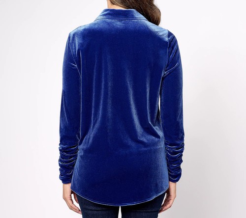 Susan Graver Sz XL Knit Velvet Button Frnt Long Sleeve Shirt BLUE COSMOS A623471 - Picture 2 of 4