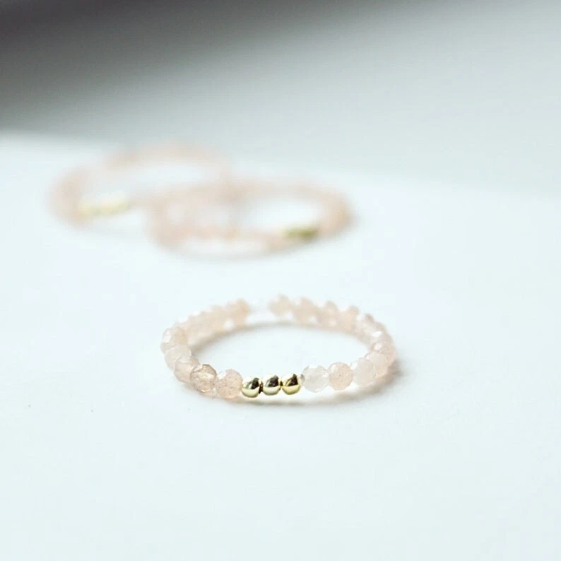 Dainty Sunstone Faceted Round Gemstone Beaded Stretchable Rings For Girls Women - Image 4 of 4