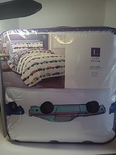 Lush Decor Racing Cars 5 Piece Quilt Set, Twin, White With Cars, Reversible New 