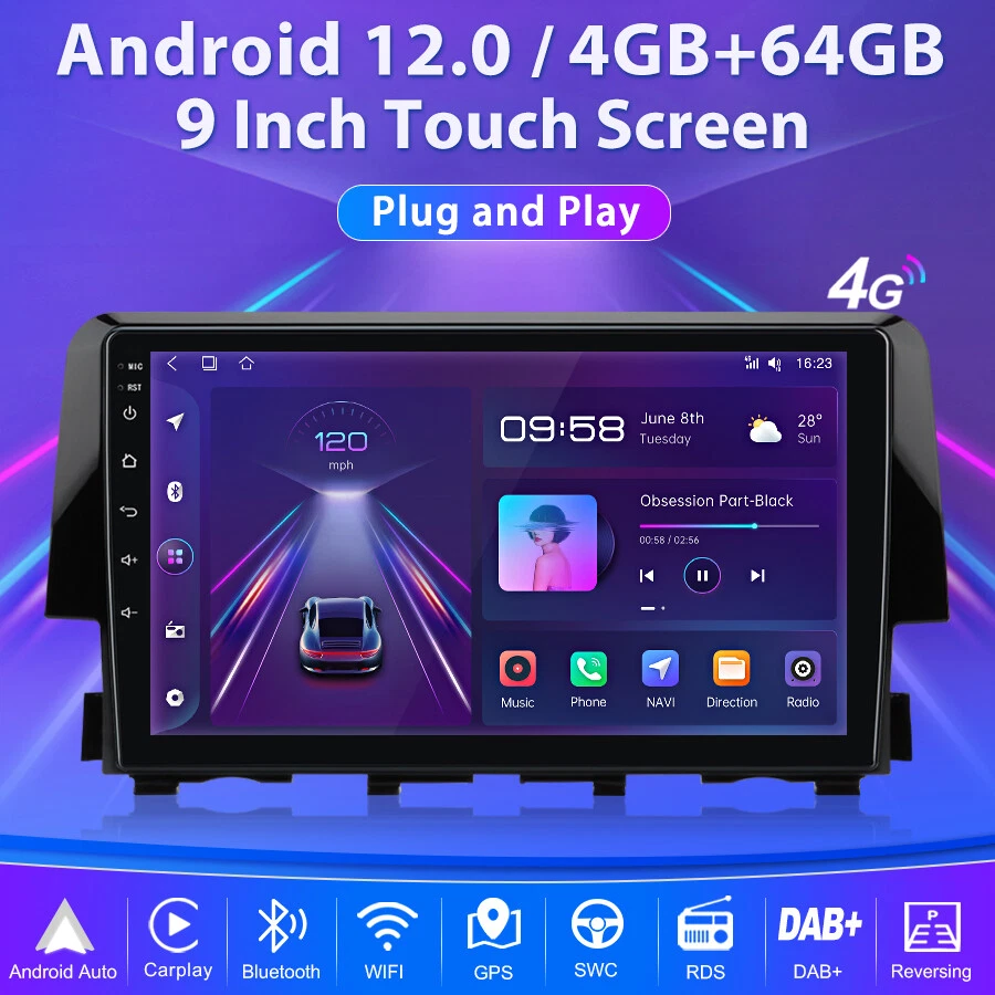 For Honda Civic 2016-2020 9" Android 12 Car Stereo Radio GPS NAVI Carplay 4+64GB - Image 2 of 4