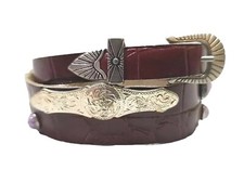 Faux ALLIGATOR HATBAND Maroon LEATHER w PURPLE STONE+SILVER  BAR & Buckle Cowboy