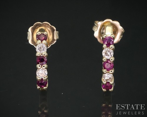 14k Yellow Gold Natural Ruby & Diamond J-Hoop Ladies Earrings 1.5g i19189 - Picture 2 of 4