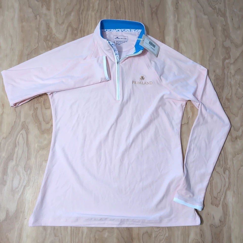 NUEVO CON ETIQUETAS PARA MUJER Sm PETER MILLAR LS 1/4 Cremallera Rosa Claro Azul Acento Highlands Primland Foto 2 de 4