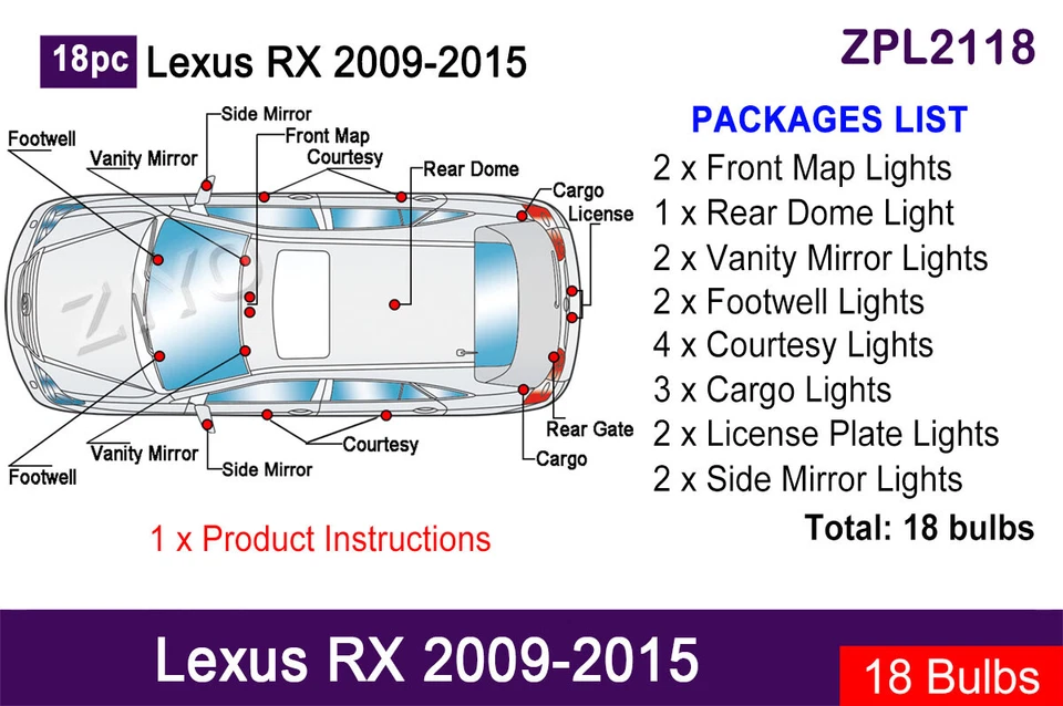 Kit de luces interiores LED blancas para Lexus RX 270 350 450 2009-2015 - Imagen 2 de 4