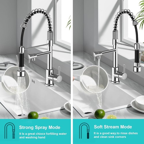 Kitchen Mixer Faucet 360° Pull Down Sprayer Single Lever Dual Spouts Spring Taps - Picture 6 of 16
