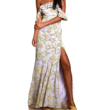 Lulus Adelaide Maxi Dress Off The Shoulder Floral High Slit Size M Purple Yellow