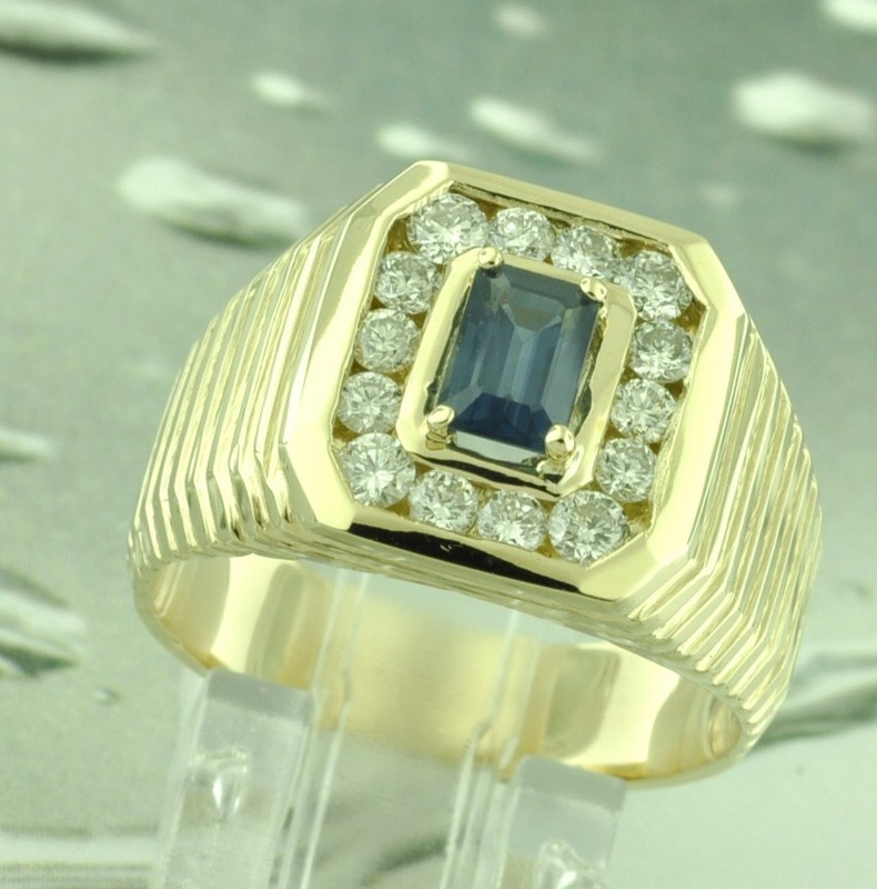 14k Solid Yellow Gold men's Natural Blue Sapphire Diamond Ring 1.09carats classy
