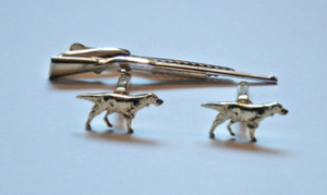 Authentic Hunting dog Cuff Links & Matching Gold Plated Rifle Tie Bar Nice gold plating