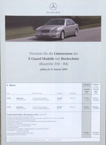 Mercedes E-Klasse Guard Limousine W210 Preisliste price list von 1/2000 (RB)