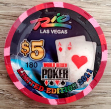 $5 Las Vegas RIO 2011 World Series of Poker 2 Red Aces #180 Casino Chip - New