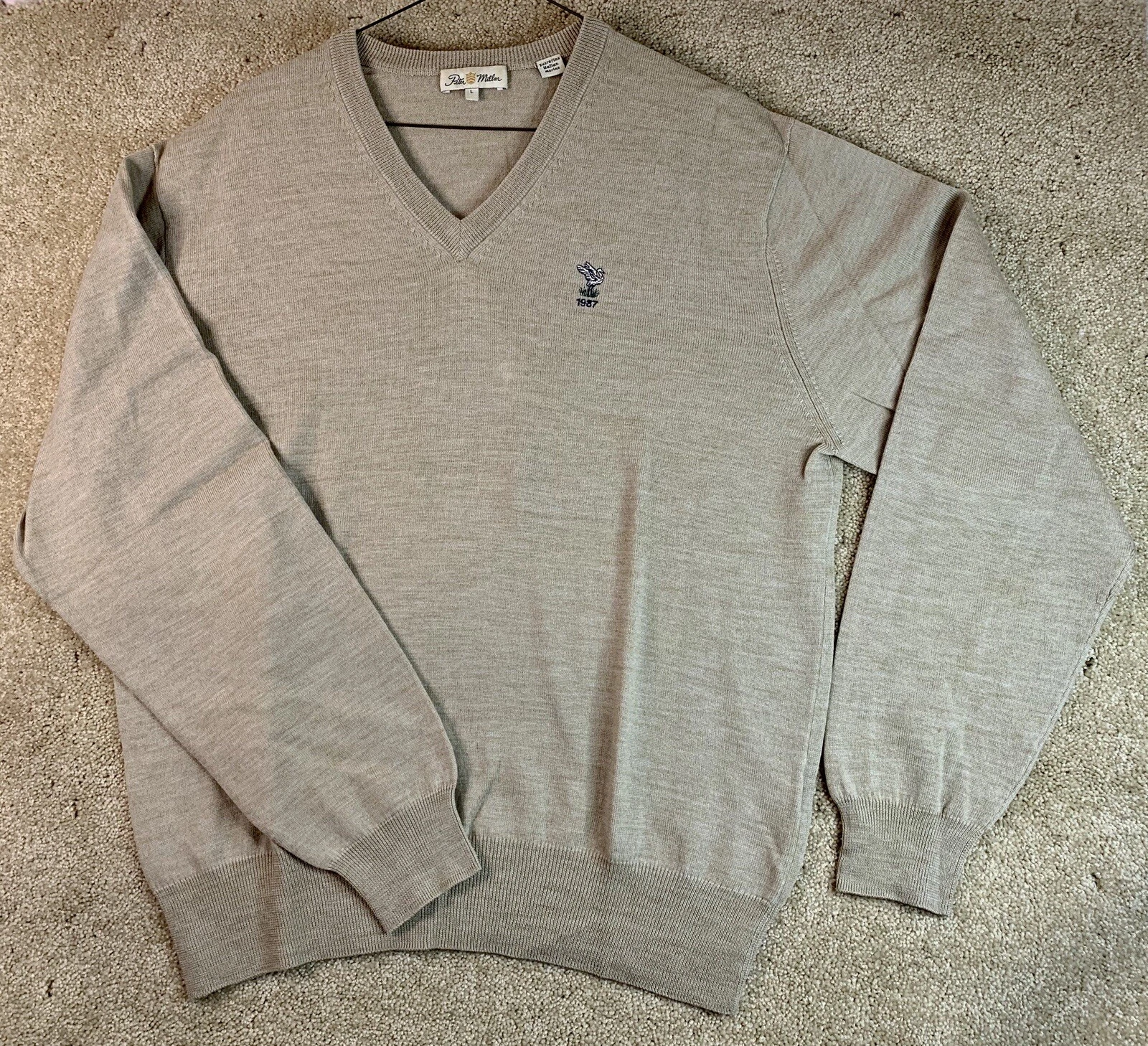 Peter Millar Mens Large V Neck Sweater Fine Italian Merino Wool Tan Beige 1987