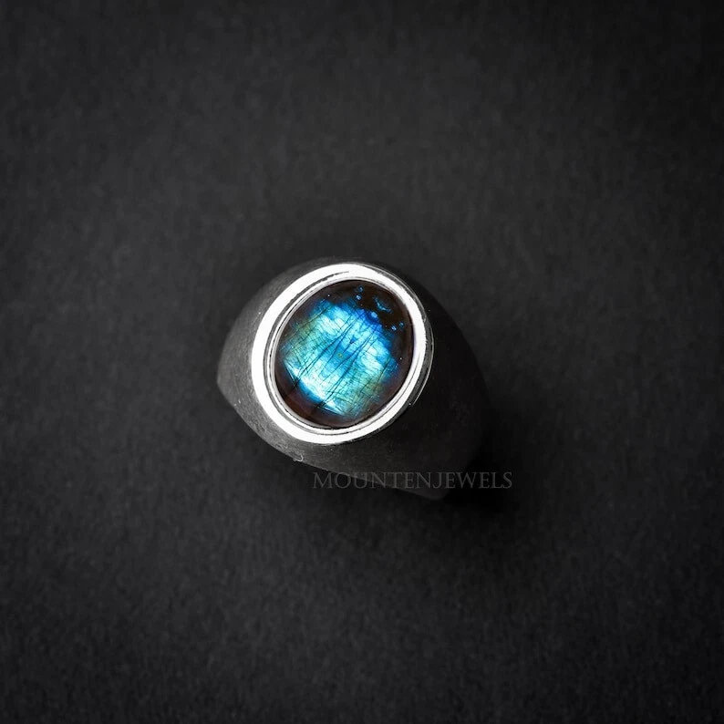 Anillo de labradorita azul para hombre anillo de plata de ley 925 anillo de sello para hombre Foto 3 de 4