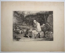 Original Fine Old Antique Art Etching Print On Paper 20 1/2" by 17"