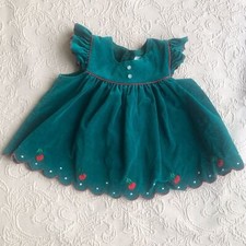 Vintage Green Velvet Embroidered Cherry Flutter Short Sleeve Infant Girl Dress