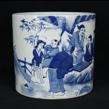 7.7" Antique dynasty Porcelain kangxi mark Blue white character story Brush pot