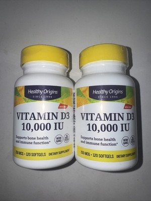 2X Healthy Origins Vitamin D3 10 000 IU 360 Softgels Egg-Dairy-Free Exp 7/27