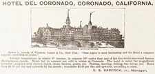 Jan1889 HOTEL DEL CORONADO San Diego CA Antique Photo Print Ad~Elisha Babcock,Jr