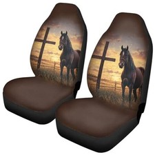 Print Car Front Seat Cover Set Of 2 Auto Bucket Seats Horse Cross Sunset
