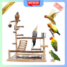 Bird Playground Stand with Feeder Cups Wood Parrot Perch for Cockatiel Parakeet